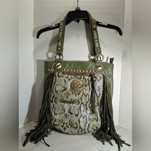 Sharif Leather Green And White Snake Skin Look Purse W Fringe